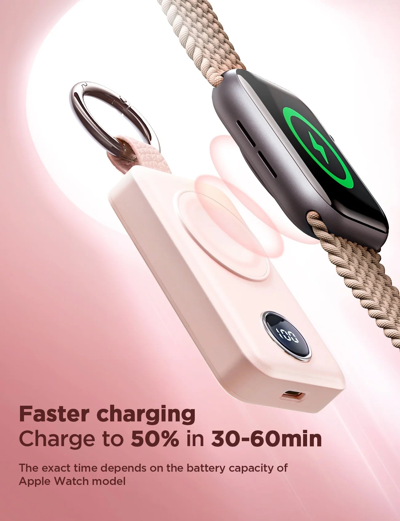 Portable Charger for Apple Watch, 2000Mah Magnetic Wireless Power Bank Fast Charger Keychain, Compatible for Iwatch Series 11/10/9/8/7/6/5/Se/4/3/2/Ultra, Pink